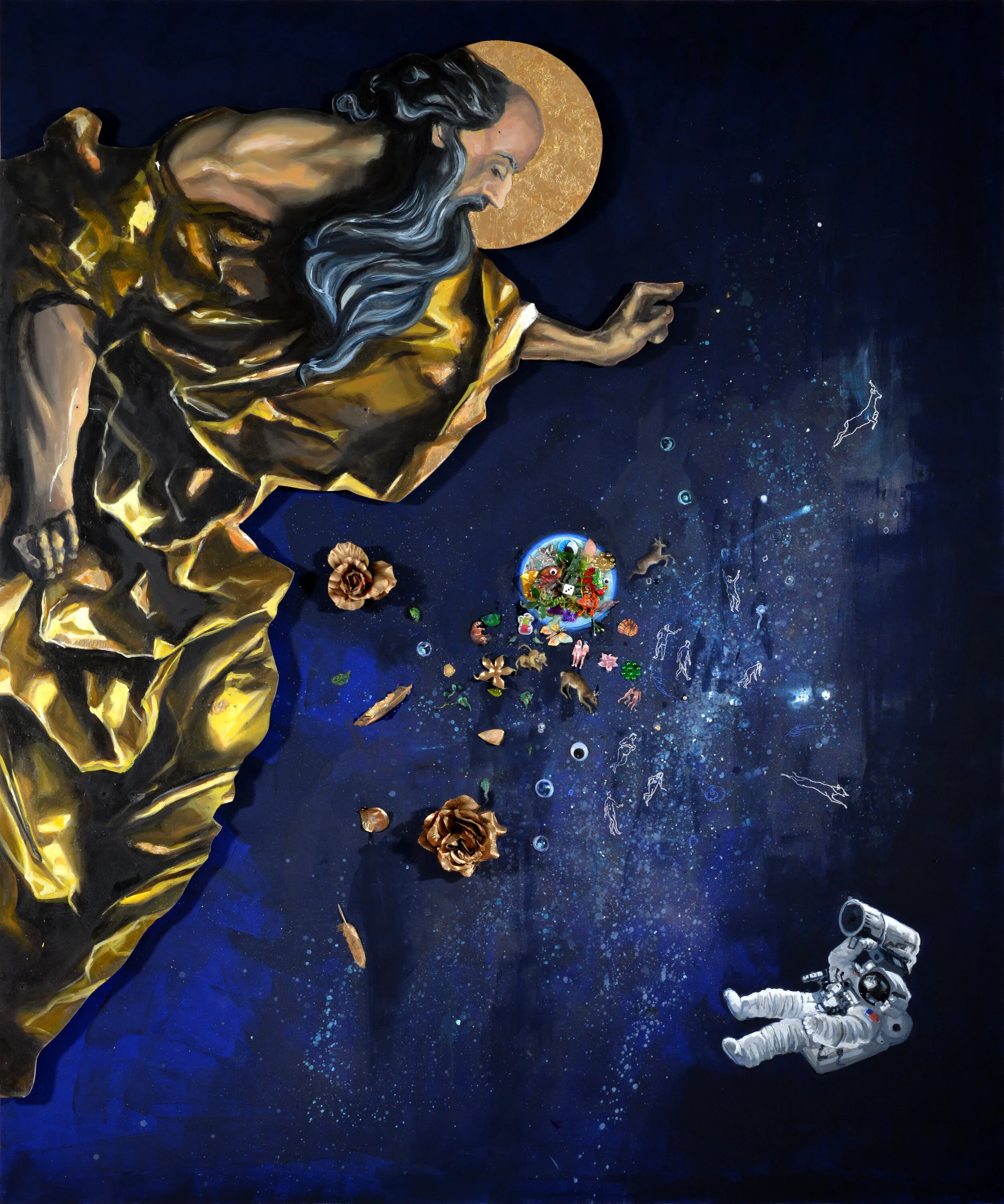 God the father in space,  oil and acryl on canvas, wood, 180 x 150 cm