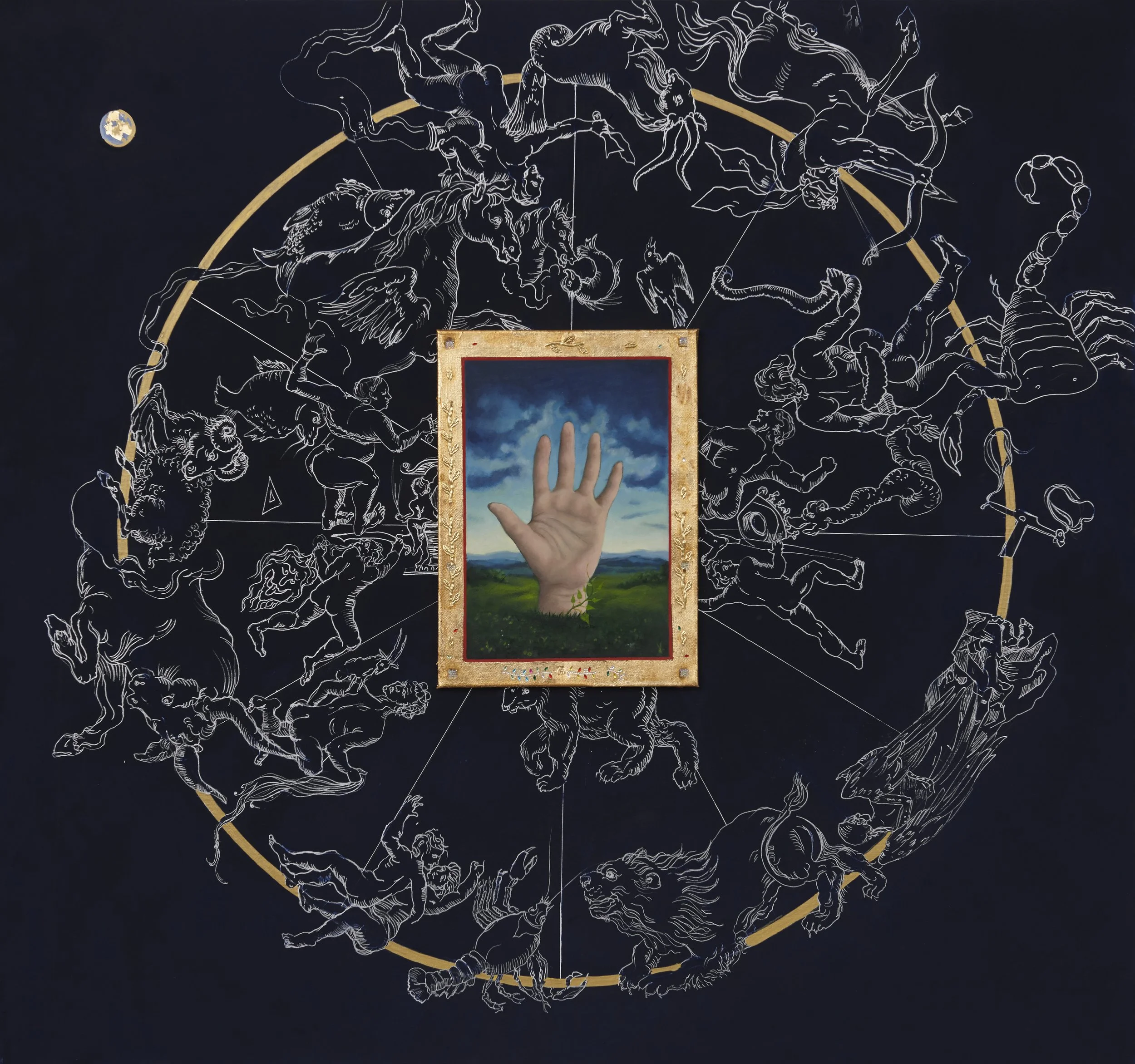 Star map with misterious hand