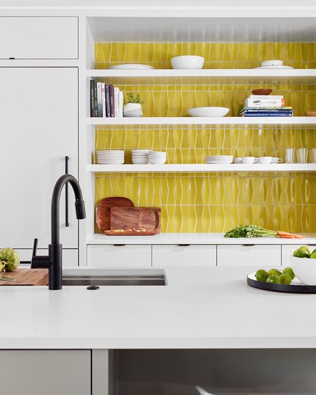 Dimensional tile in Brite Yellow glaze from @heathceramics at our #MananaLakeHouse project with @aceroconstruction and @stuartsampley Thanks to @katie_volk for the shoot styling and 📷@caseycdunn