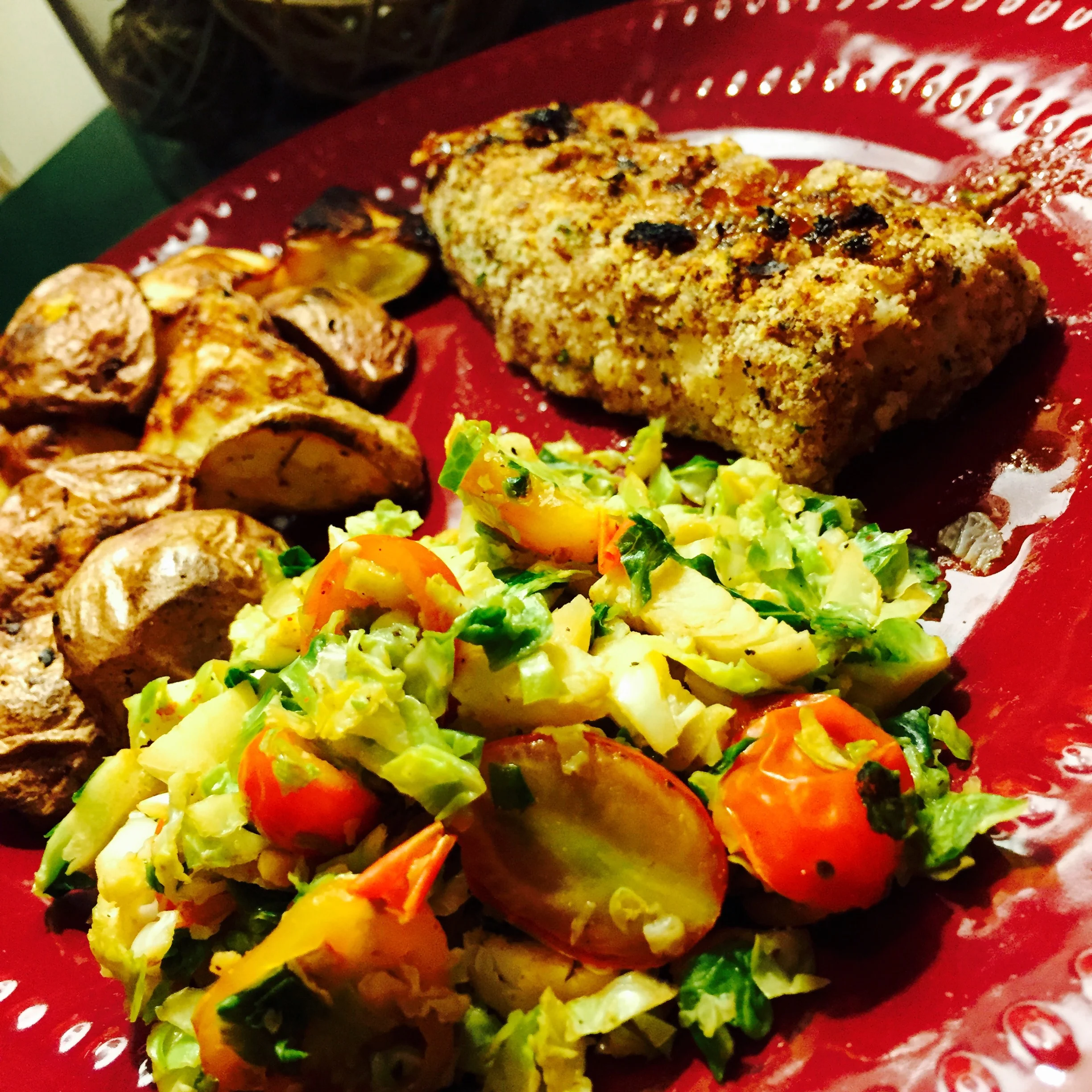 Weight Loss Recipe: Almond Crusted Mahi with Brussels Sprouts and Roasted Garlic Potatoes