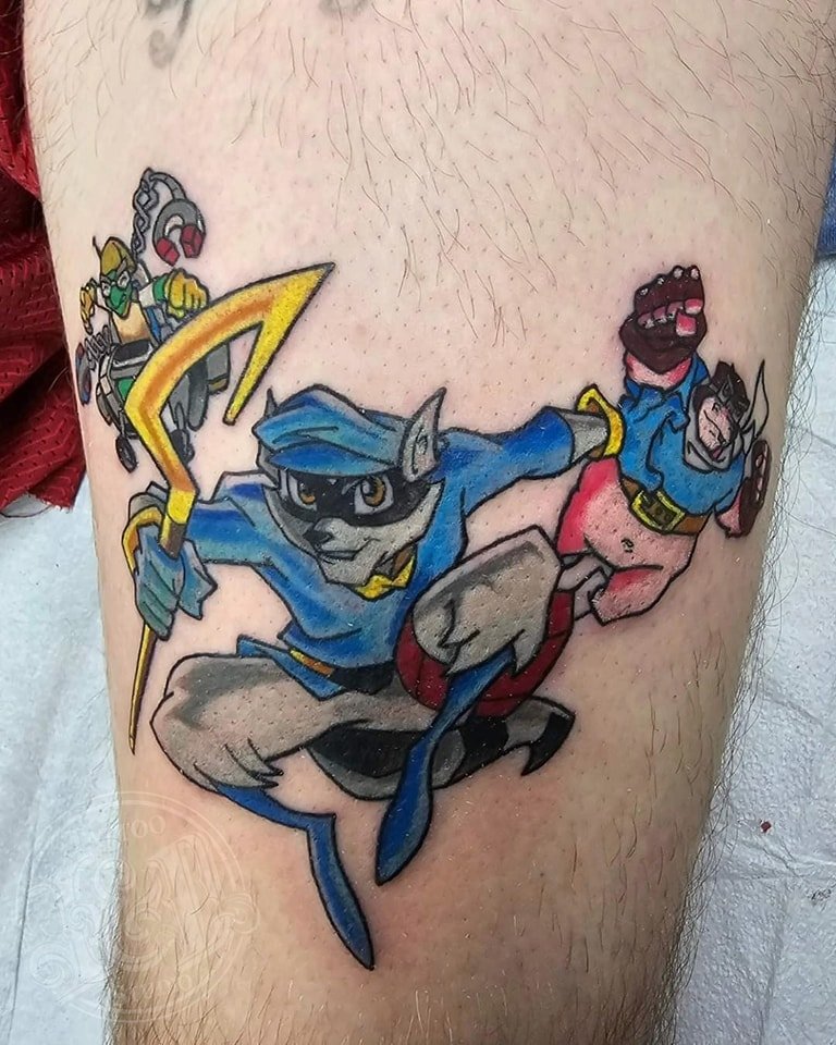 The world's greatest thief, Sly Cooper! Stop in and see Cody Wolfe for some of the coolest video game nostalgia tattoos! #slycooper #videogames #gaming #sony #ps2 #games #nostalgia #inkanddestroy #tattoo