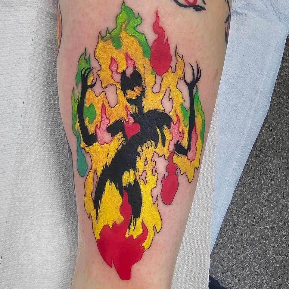 Infernal from the anime Fire Force by @danwatkins.tattoos. Be sure to stop in and see us for a tattoo that brings the heat! #anime #fireforce #infernal #animation #cartoon #fire #inkanddestroy #tattoo
