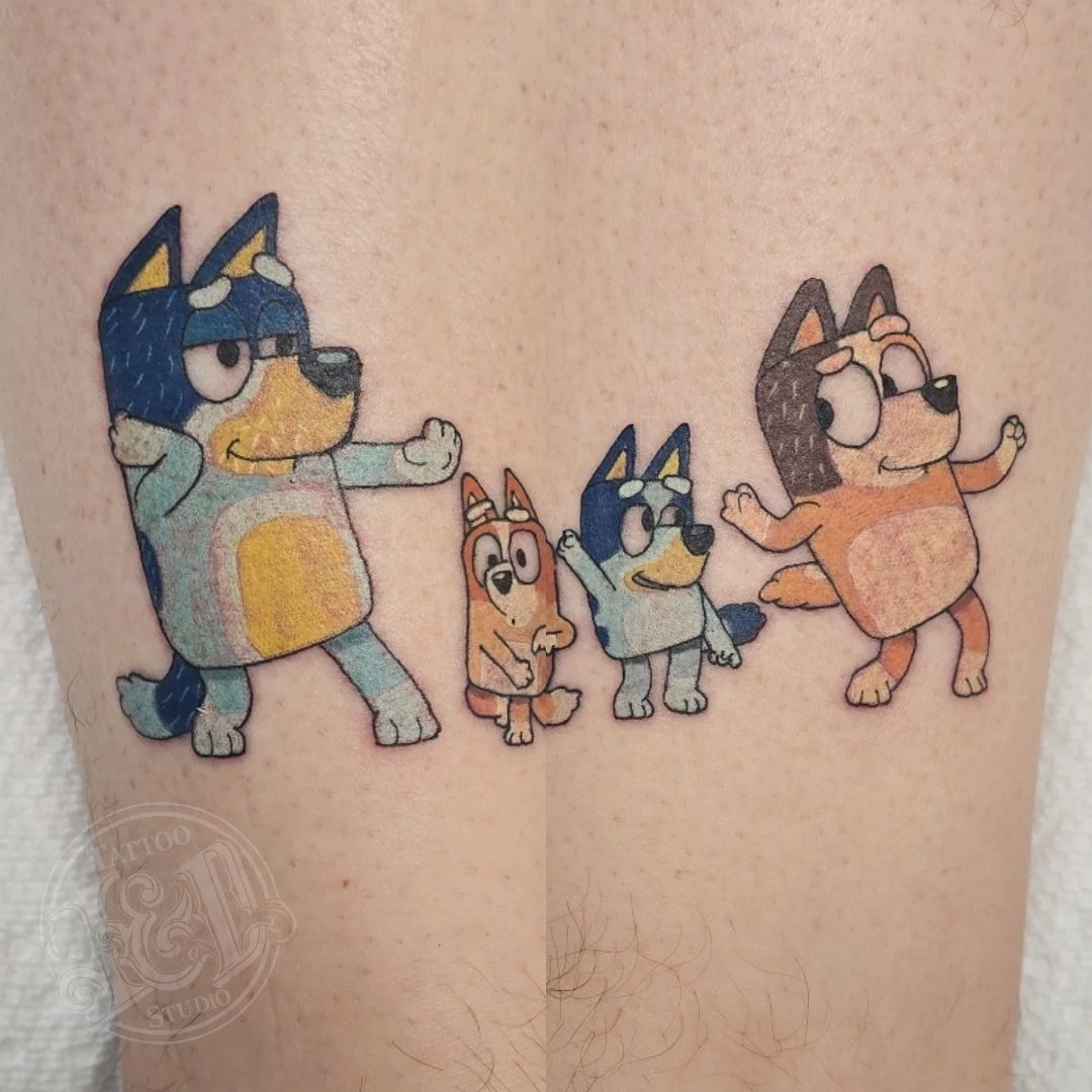 Bluey family by @danwatkins.tattoos come on in for a tattoo that is sure to put you in dance mode! #bluey #animation #kidsshows #family #dancemode #dogs #cartoon #inkanddestroy #tattoo