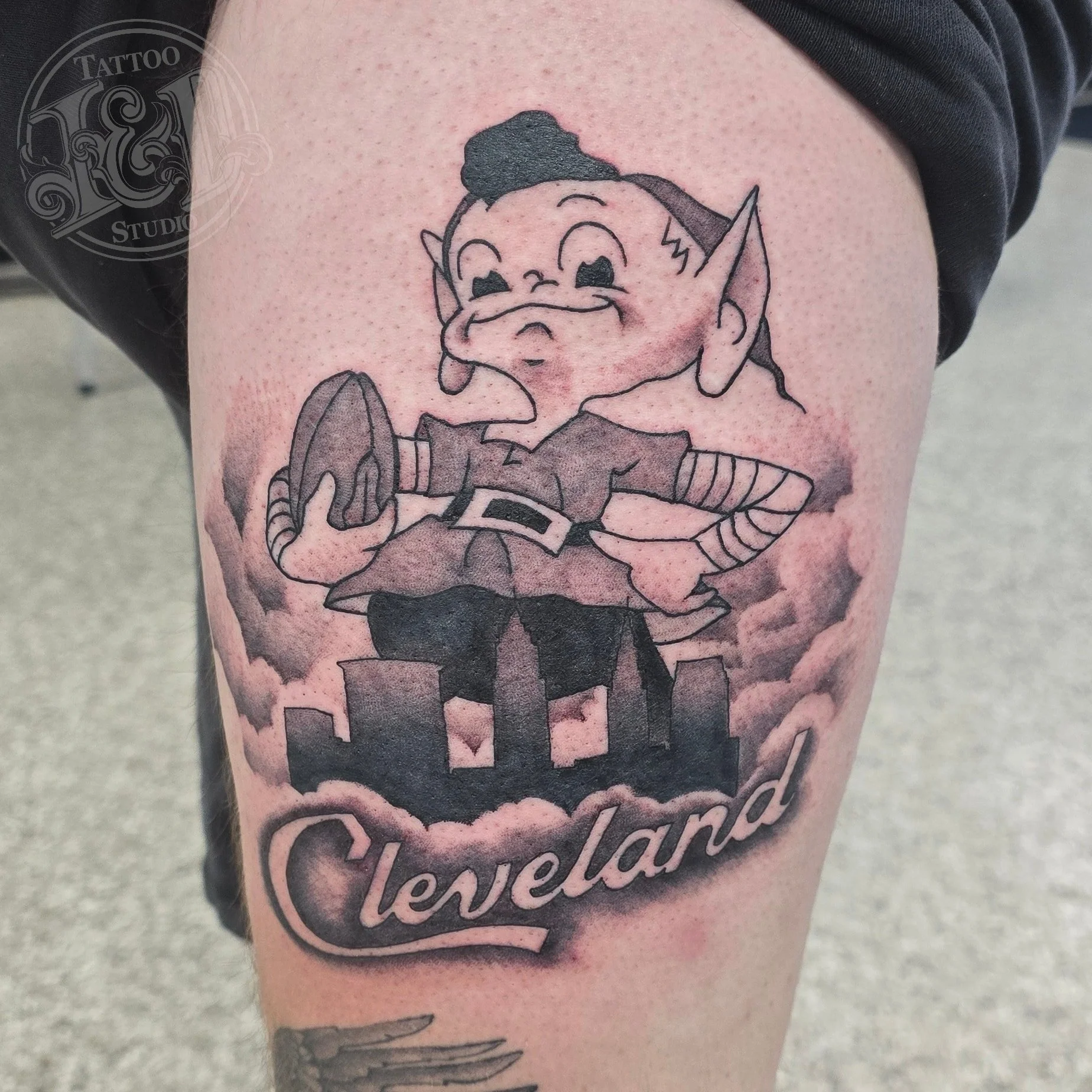 Brownie overseeing his kingdom. Cleveland themed tattoo by @danwatkins.tattoos everybody loves an underdog, go Browns! #football #browns #clevelandbrowns #nfl #sports #clevelandfootball #inkanddestroy #tattoo #blackandgray