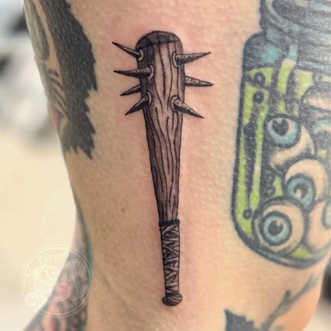 Low tech self defense by @jessicawilhelm come see her for a tattoo that's a home run! #bat #spikes #club #cudgel #inkanddestroy #tattoo #blackandgray