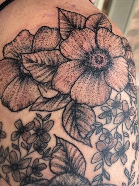 Stipple and Color Flowers Tattoo by Regina Push Estrada TattooNOW