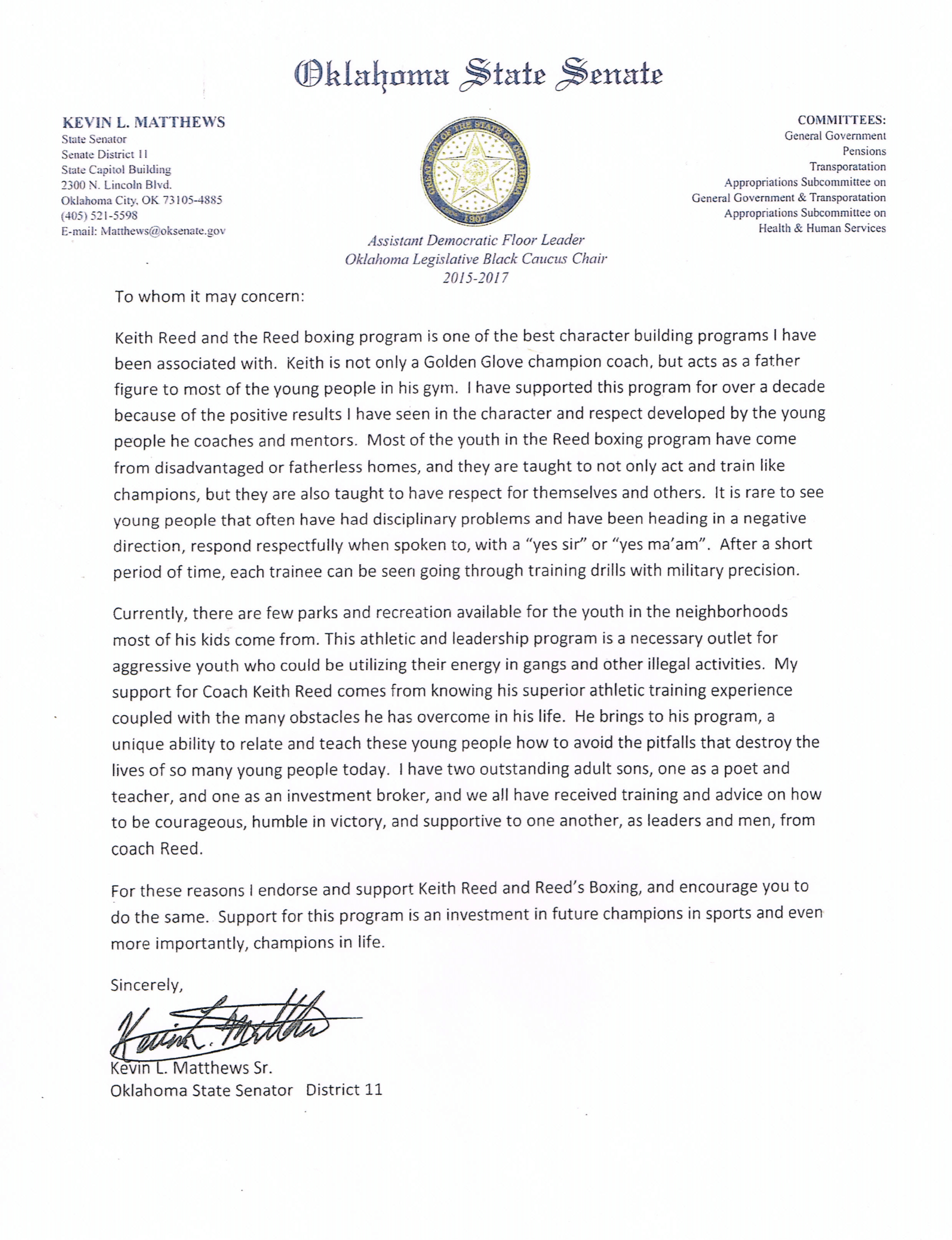 Kevin L. Matthews Sr. - Oklahoma State Senator, District 11