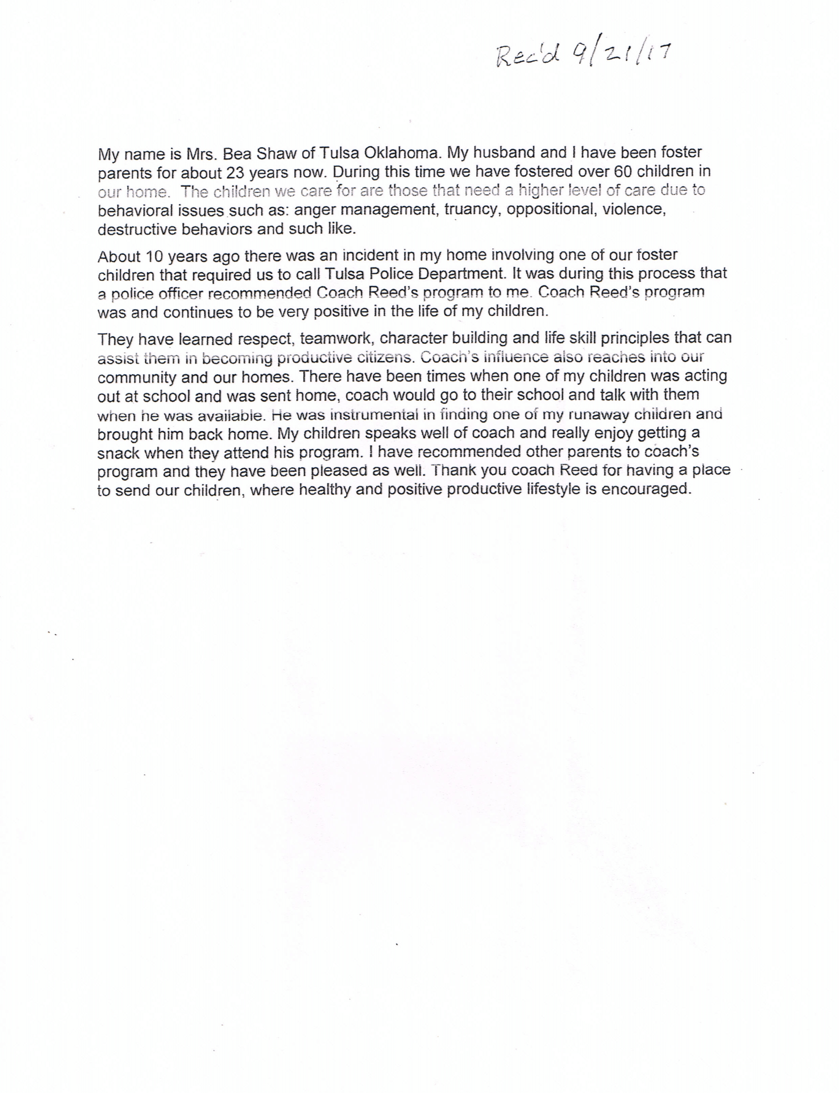 Mrs. Bea Shaw - Foster Parent