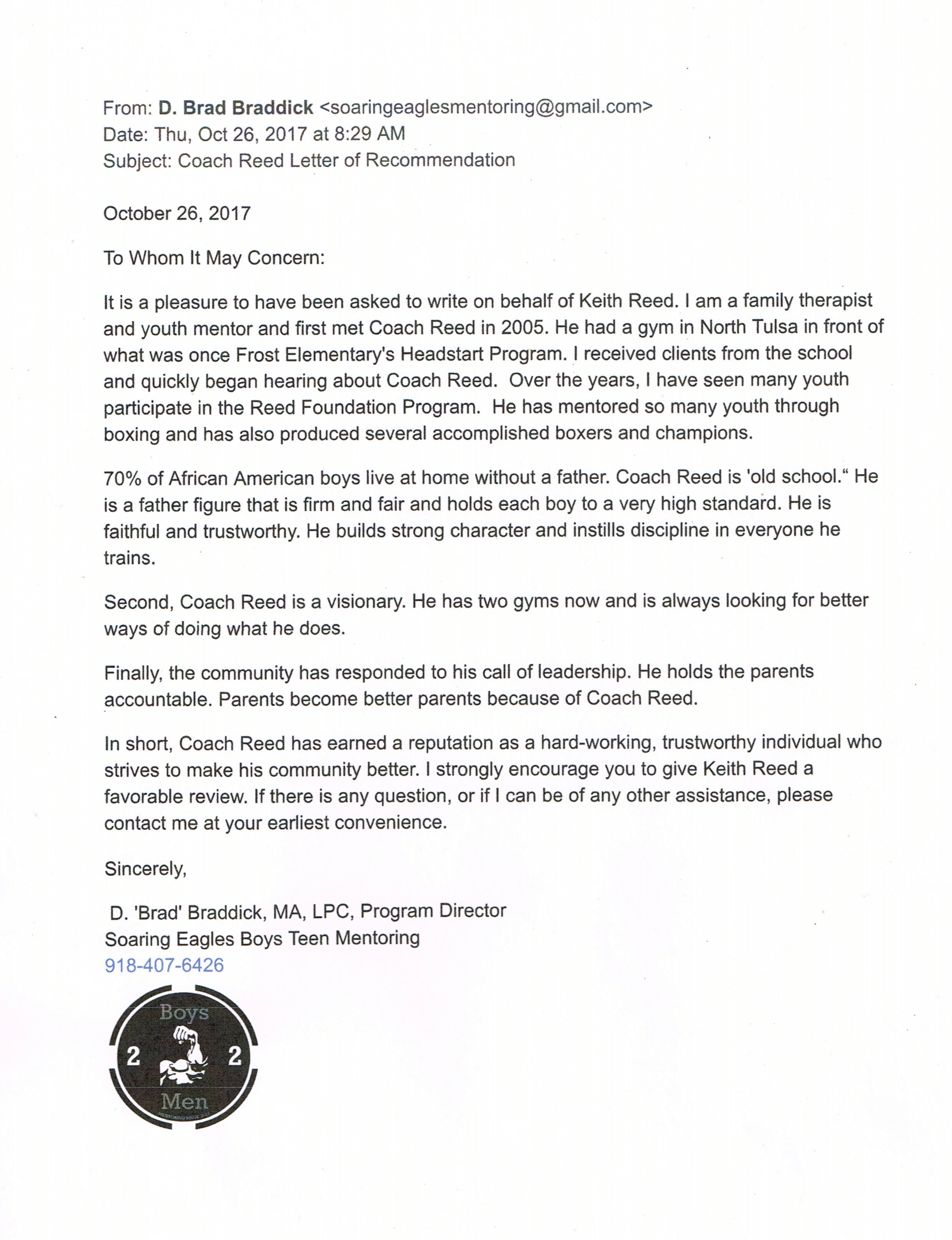 D. 'Brad' Braddick - MA, LPC, Program Director, Soaring Eagles Boys Teen Mentoring