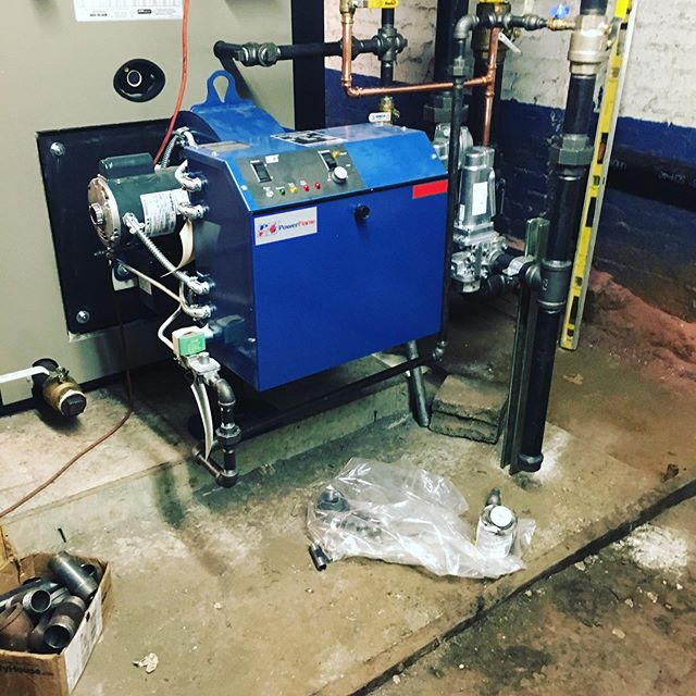 Installation in Chelsea continues with the boiler jacket and controls installed. Burner is @power_flame_inc gas fired, full modulation, high turndown burner.  This allows for precise matching of the boiler output to the building&rsquo;s heating load 