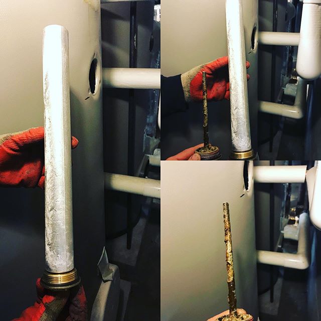 Many water heaters require anodes to remove oxygen from the water and protect the water heater from corrosion. These anodes are sacrificial. They need to be checked annually and replaced when they get to this point. Here is a new and used one side by