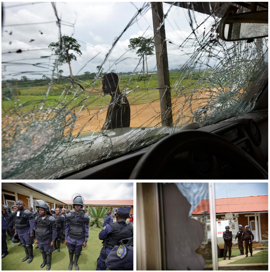 The view through a battered windshield the day after the riot, top. Liberian police muster in Butaw, left. Chinese peacekeepers from the United Nations were called in to the village to help restore calm. Photos by Kuni Takahashi.