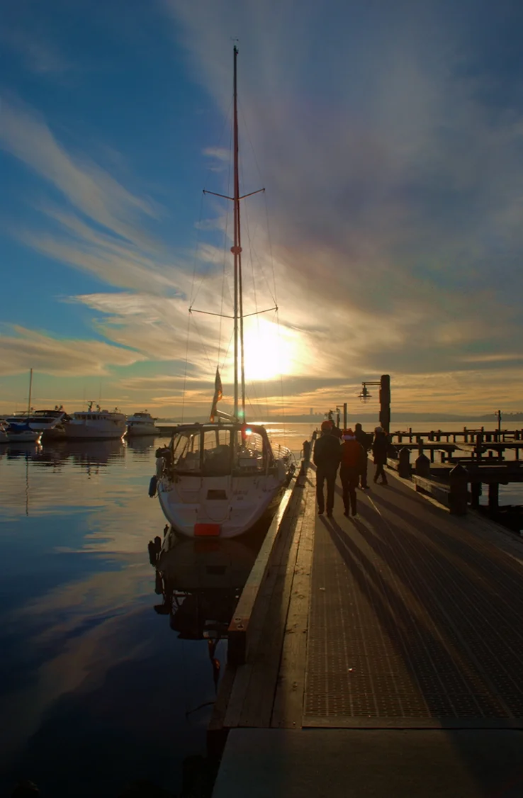 Sunset over Lake Washington and Sailboat Moored