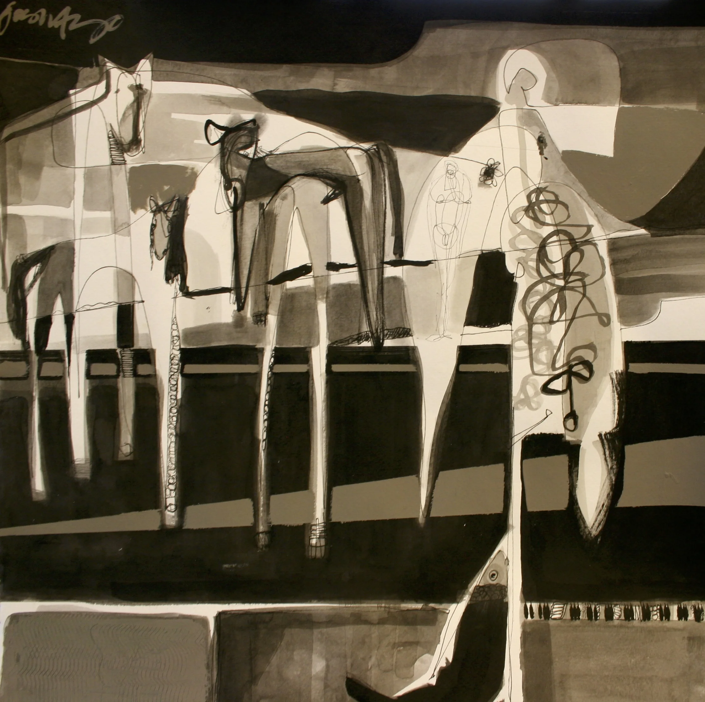  7 horses and a pelican / ink on paper / 19x19 / 
