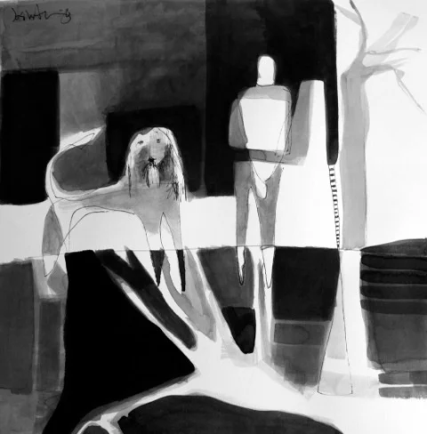  DOG WALK / INK ON PAPER / 15X15 / 