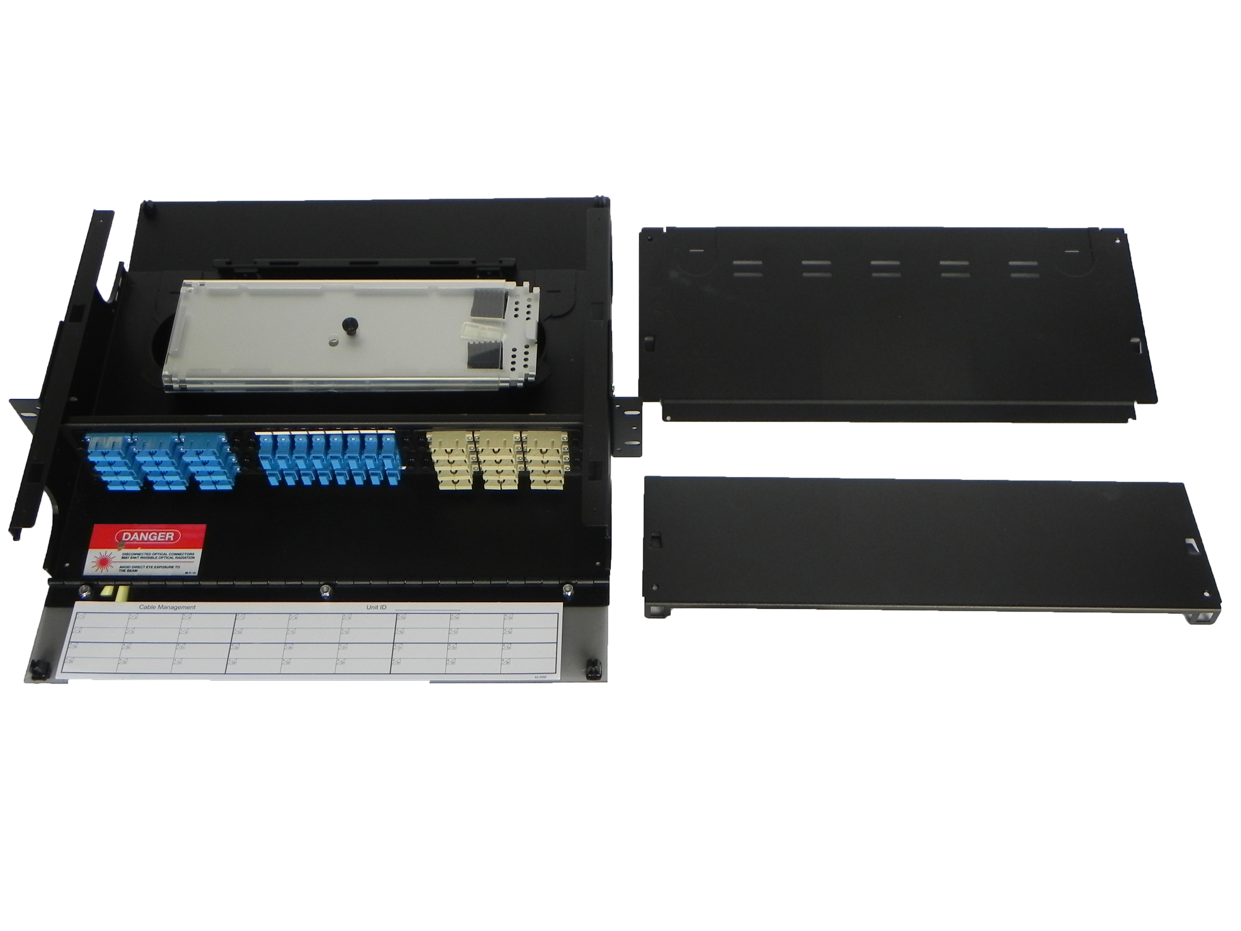 Front view of panel with top off and splice tray