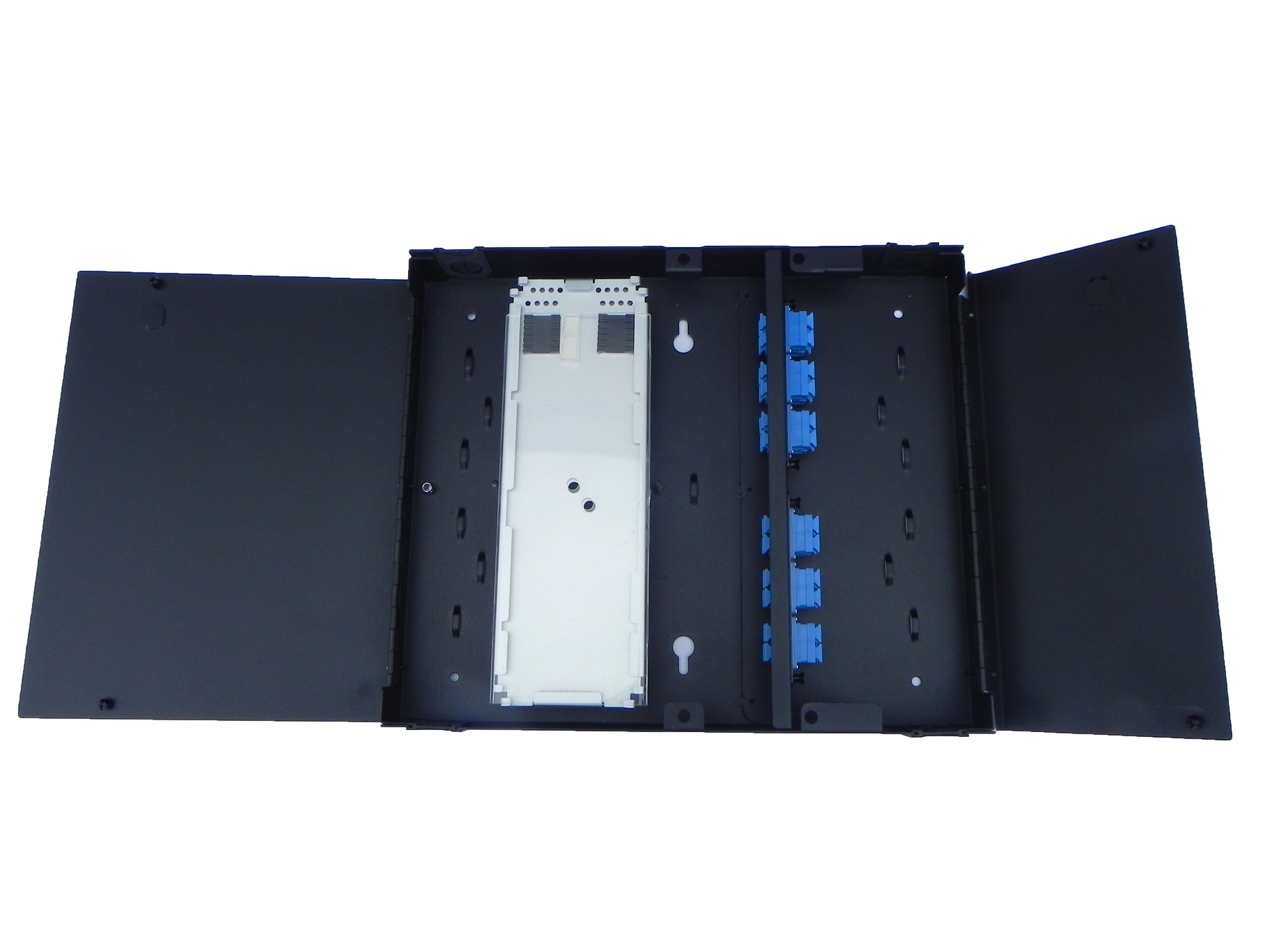Inside view of panel with adapter plates and splice tray