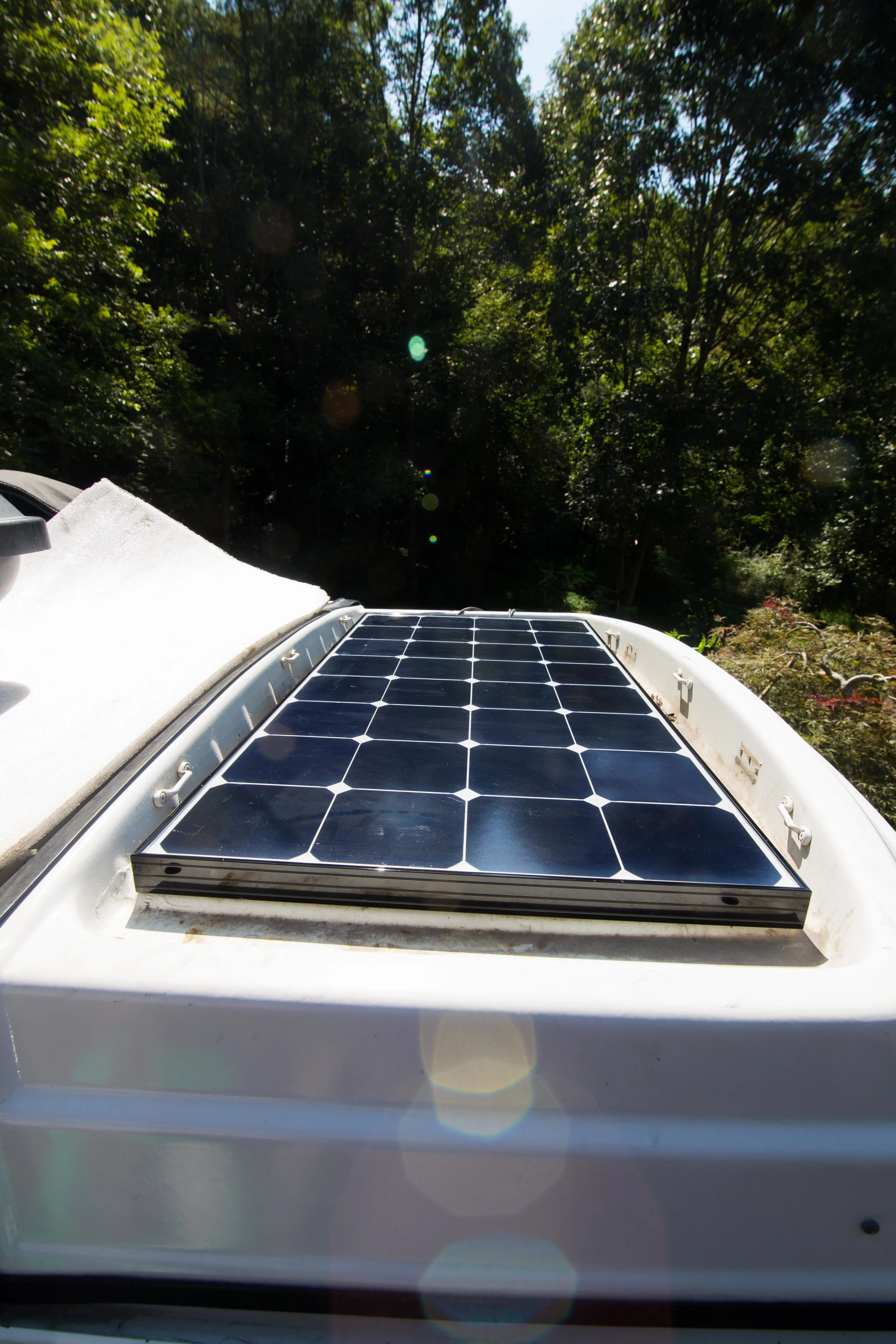 You can see here how one panel fits perfectly inside of the luggage rack. 100 Watts, getting power all the time!