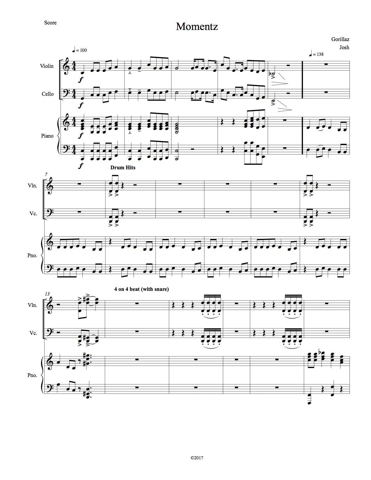 Gorillaz "Humanz" Sheet Music (Piano Trio Parts + Scores)