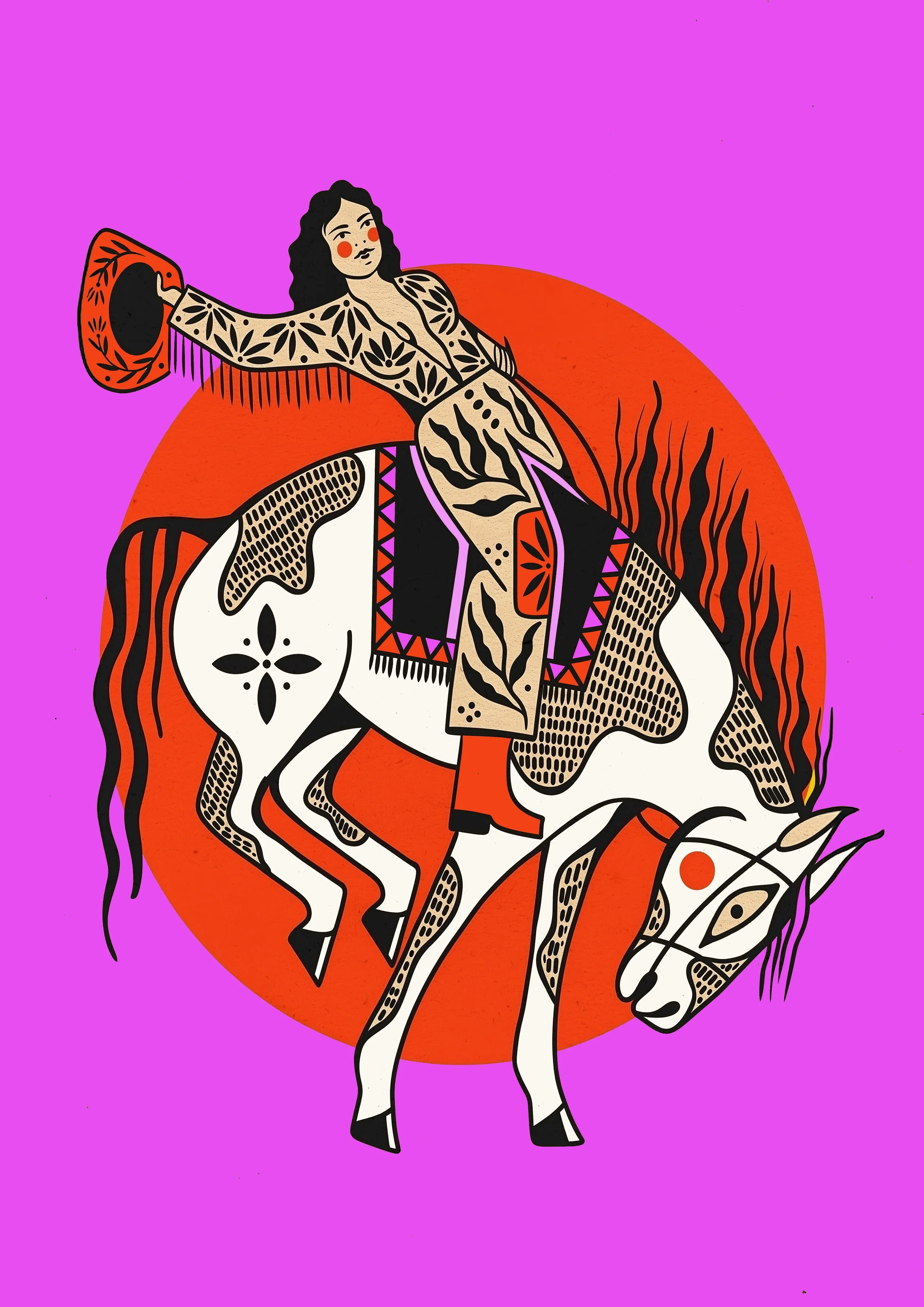 Stylized illustration of a woman riding a white horse, set against an orange sun and purple background, with geometric and floral patterns.