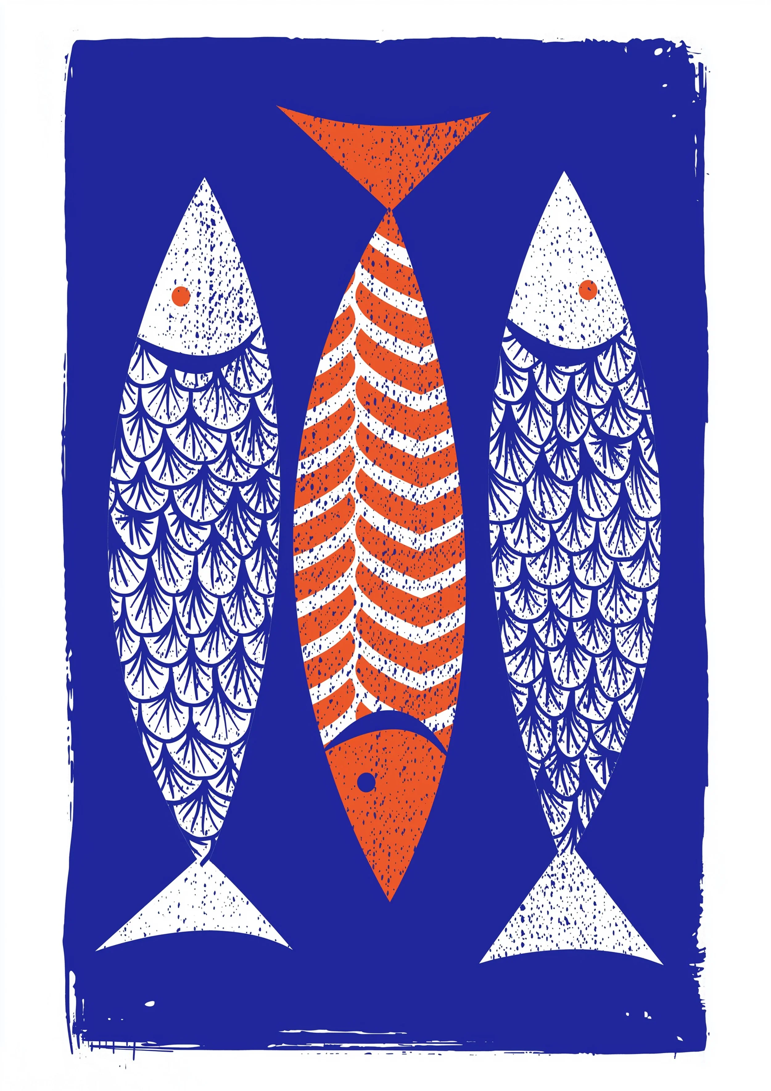 A stylized illustration of three fish against a blue background, with the central fish depicted in orange with white and black patterns, and the two side fish in white with blue patterns.