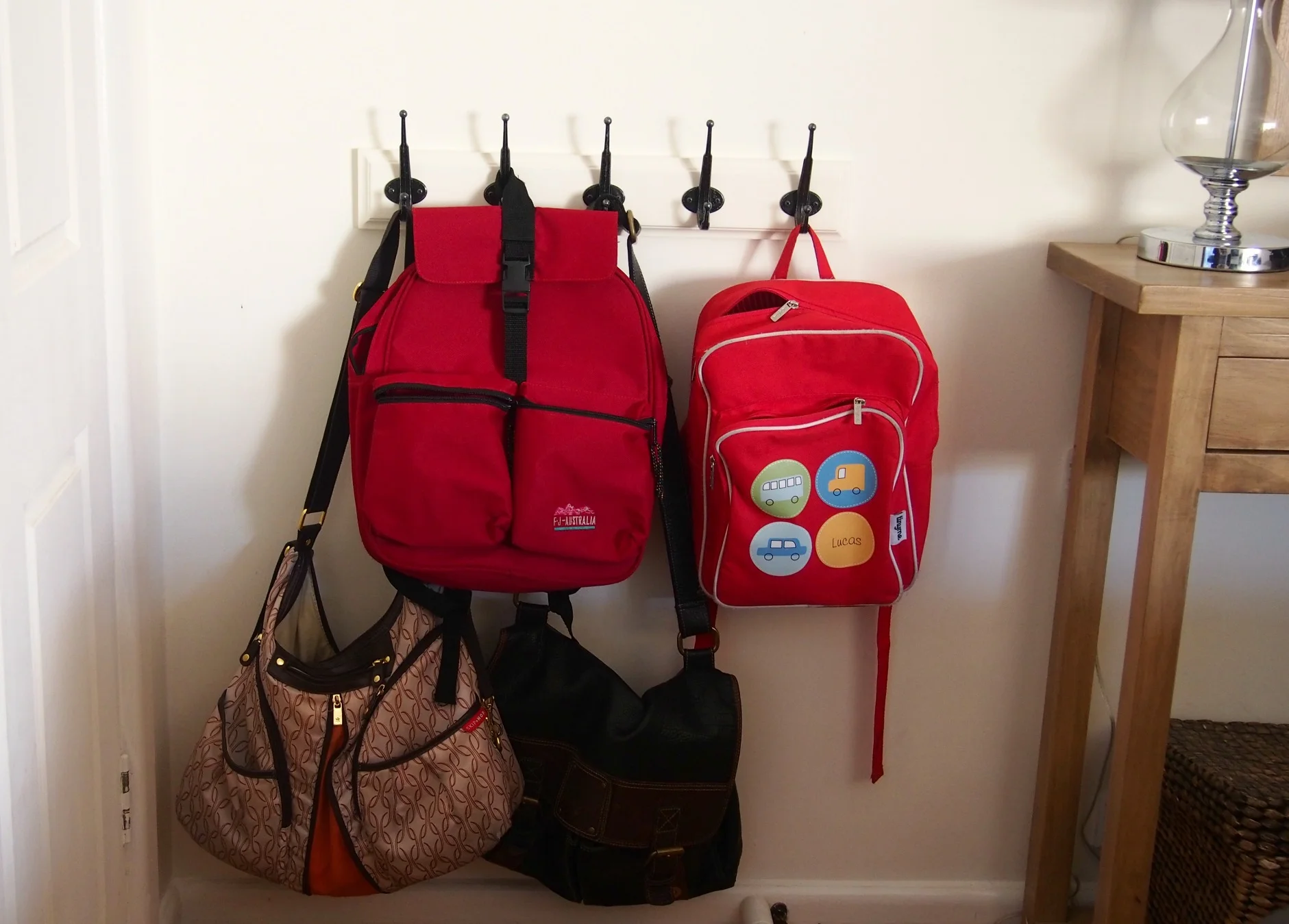 bags ready to go on hooks