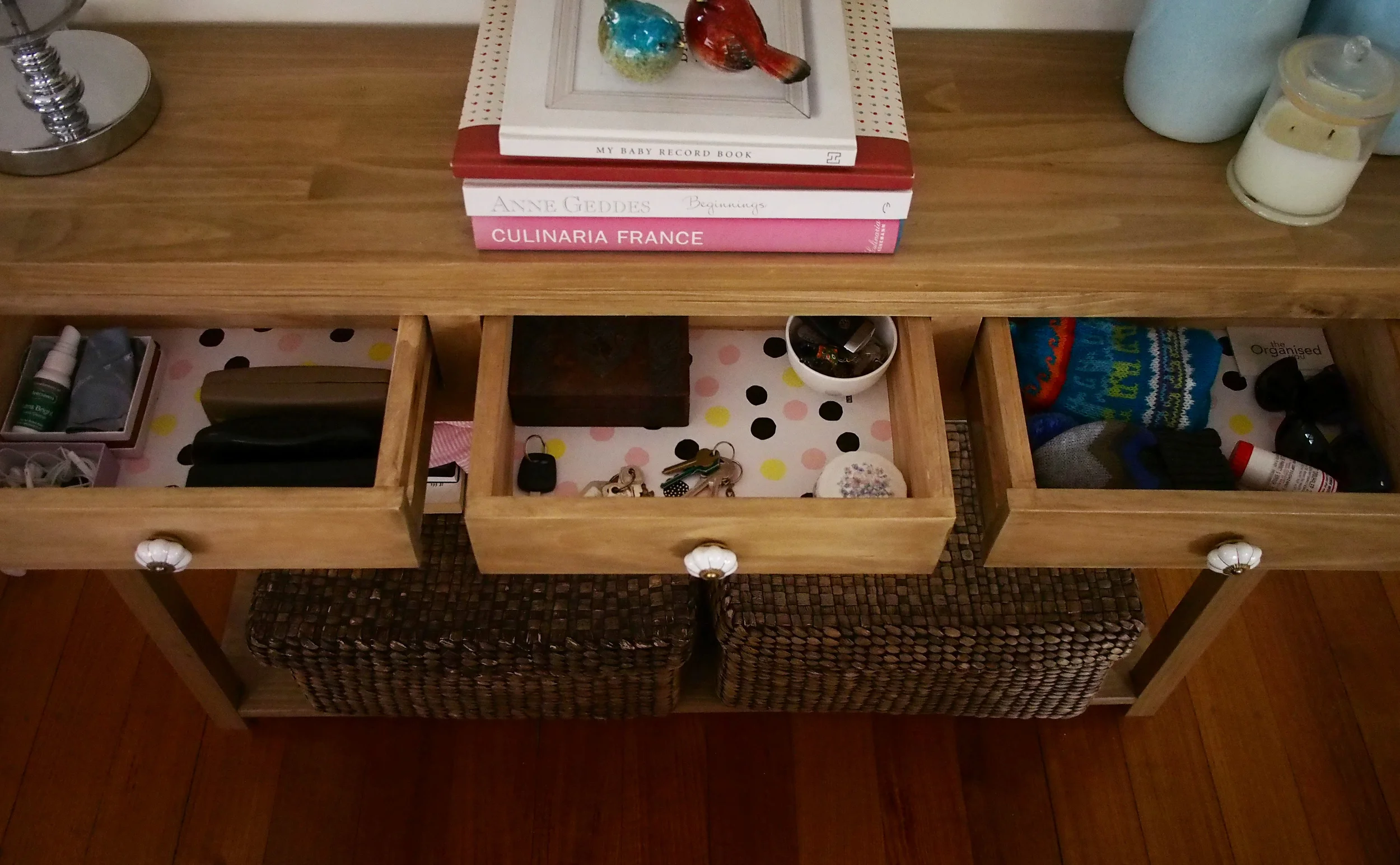 console with lined drawers