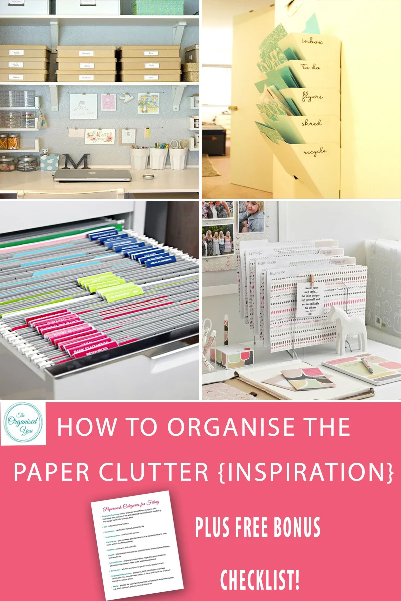 How to Organise the Paper Clutter {Inspiration} - paper clutter in a home office or a living space can really lead to decreased productivity and extreme frustration when you can't find what you're looking for. This post is filled with inspiration for organising the home office, dealing with the paperwork with easy-to-use systems, and organised desk spaces. Grab your FREE checklist for the paperwork categories you need for filing your paperwork when you click through to read the full post.