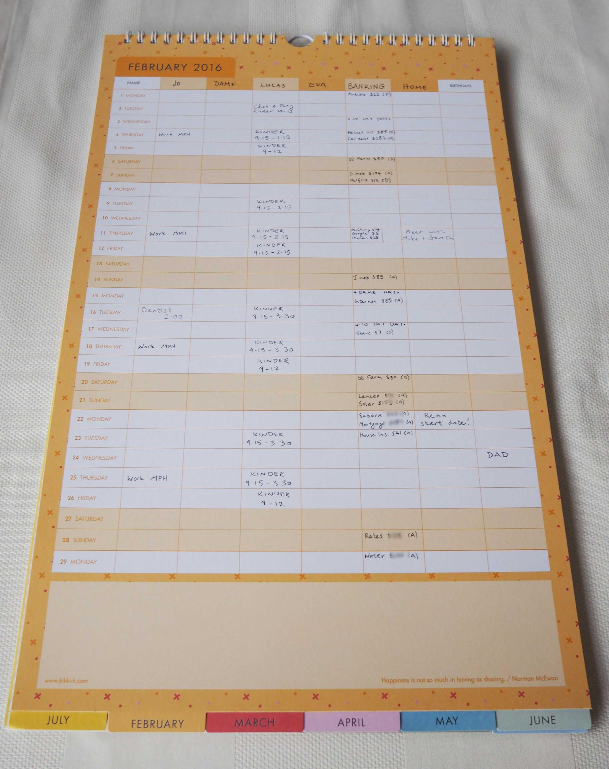 Filling out the family calendar to stay on track and organised with what's coming up. Use one of the columns as 'banking' to keep track of your finances