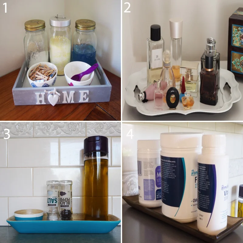 Trays are a stylish storage option in any space of the house, and they are perfect for neatly corralling 'like' items together