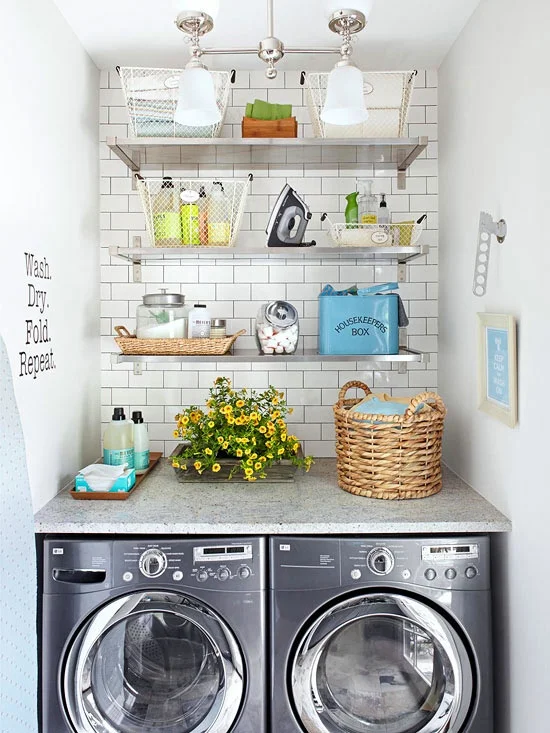 Open shelving in the laundry creates extra storage space for the essentials