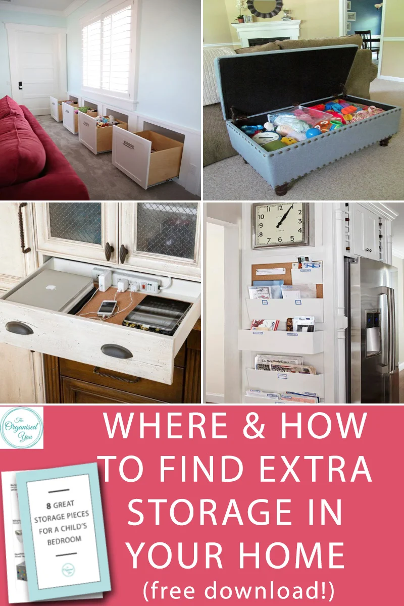 Where & How to Find Extra Storage In Your Home - finding extra storage space is all about looking in the 'secret' or 'hidden' spaces of your home to store items away and ultimately give you more space on your benches, countertops and floor. Click through to find some sneaky storage ideas (and some easy ones too!) to keep your home more organised, and grab your FREE download of the 8 best storage pieces for a child's bedroom!)