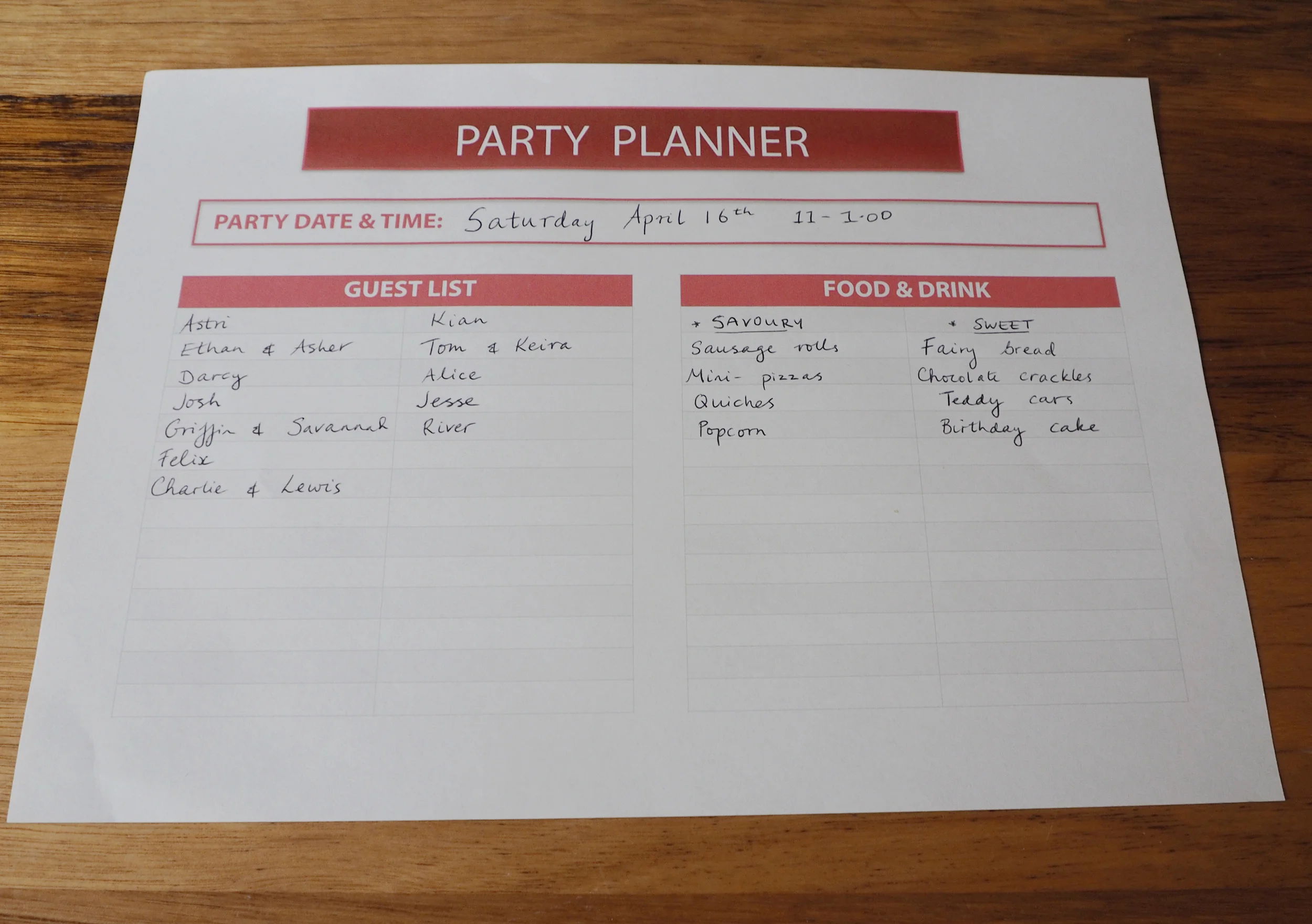 Use the free party planning template to get organised for your child's party