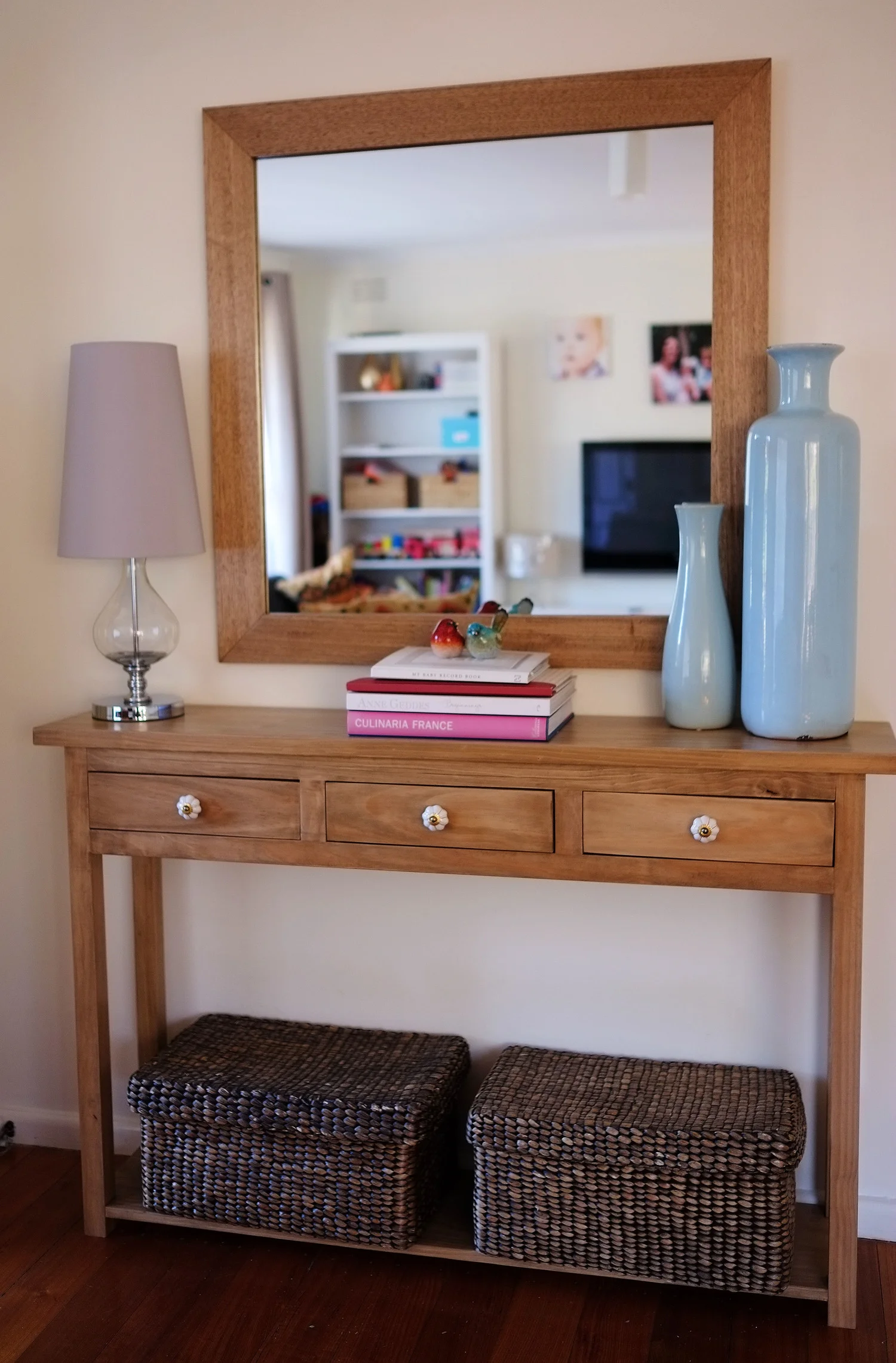Hide lamp cords by attaching the cord to the leg of the table or console - The Organised You