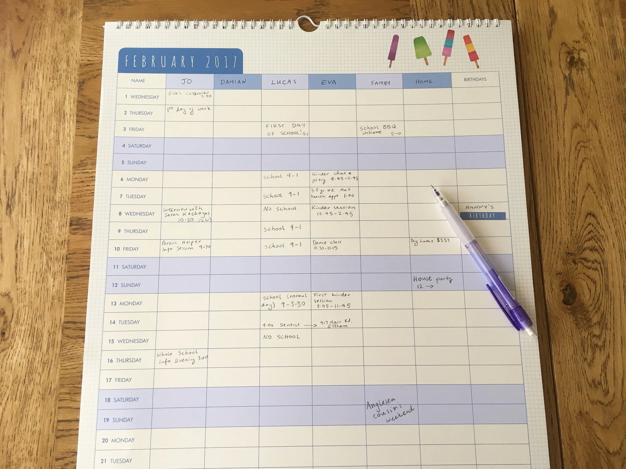 A family calendar with a designated column for each family member allows you to see at a glance what's on for everyone, and stay on top of changes in schedules