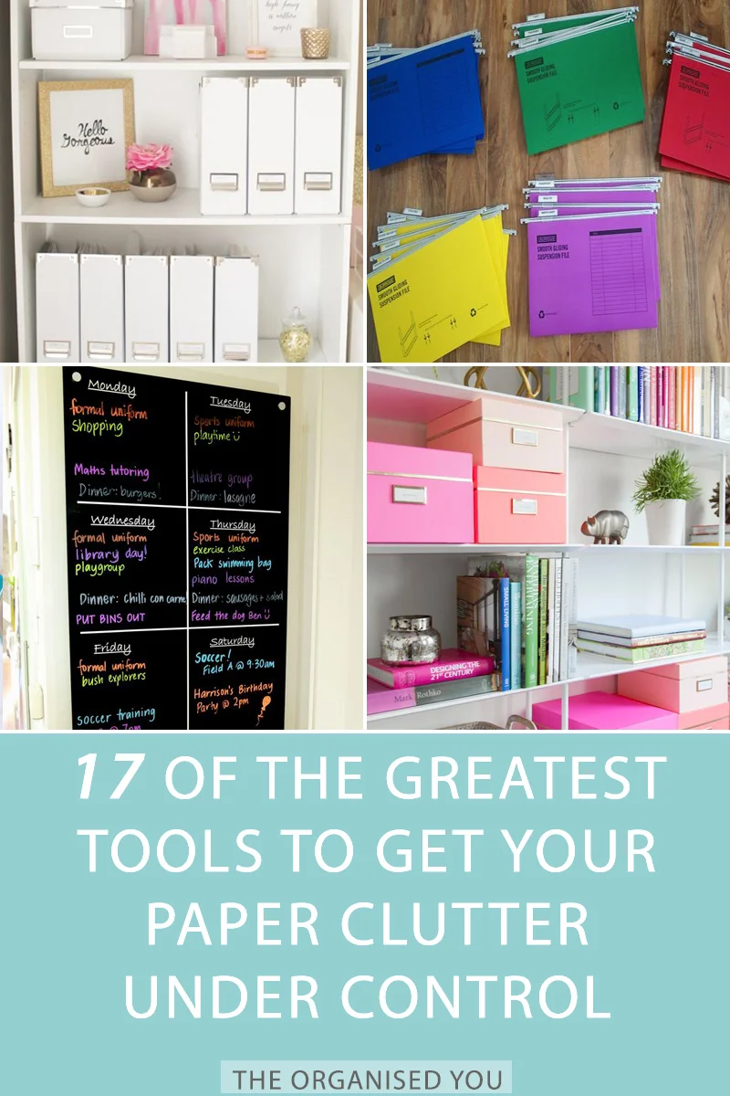 17 of the Greatest Tools to Get Your Paper Clutter Under Control - if you're ready to get the paper clutter piles under control in your home, you're going to need some handy tools to help you! Click through to read the list of the top 17, and get your free guide on how to deal most efffectively with those paper piles!