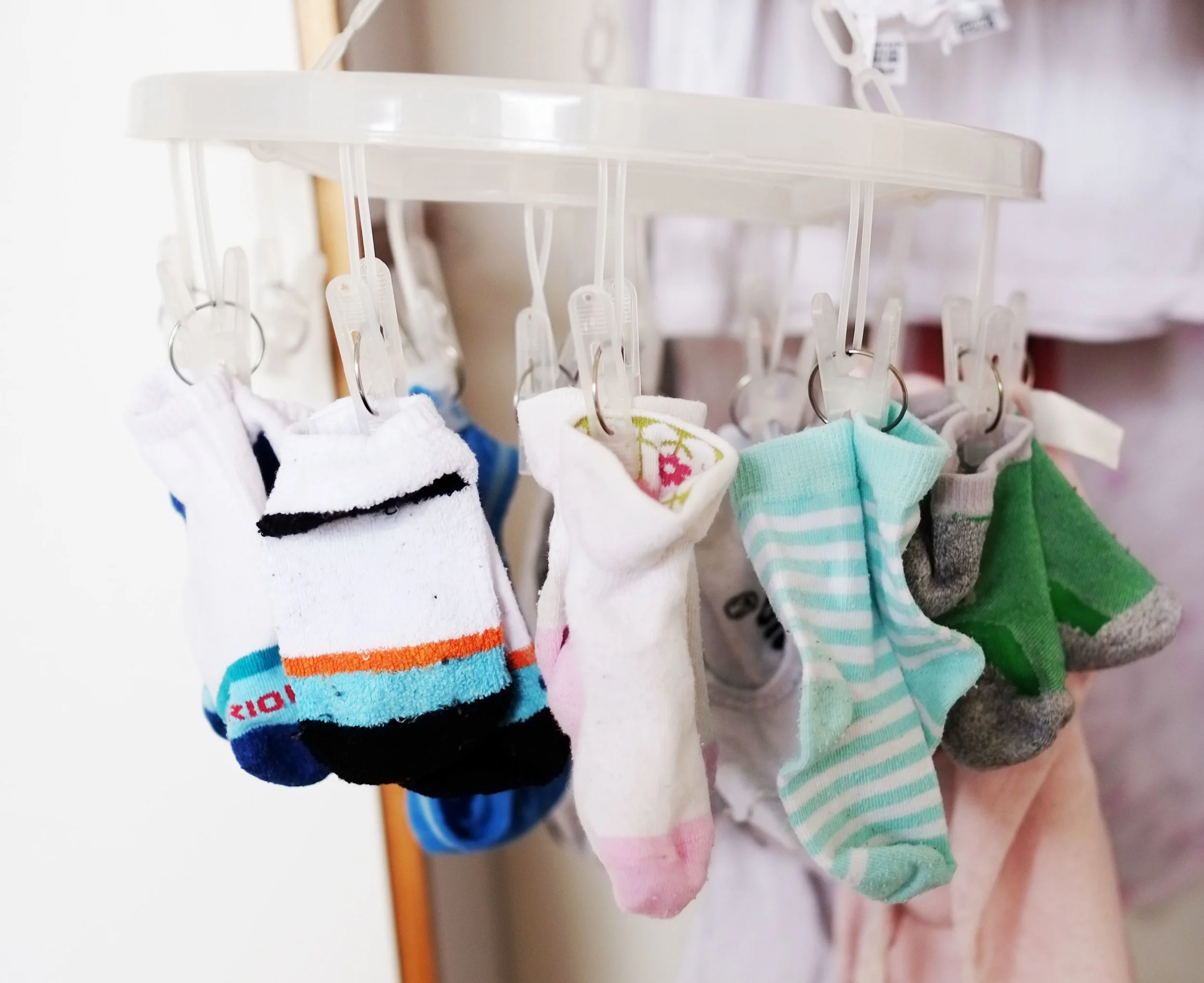 Hang socks in pairs to cut down on your folding and sorting process