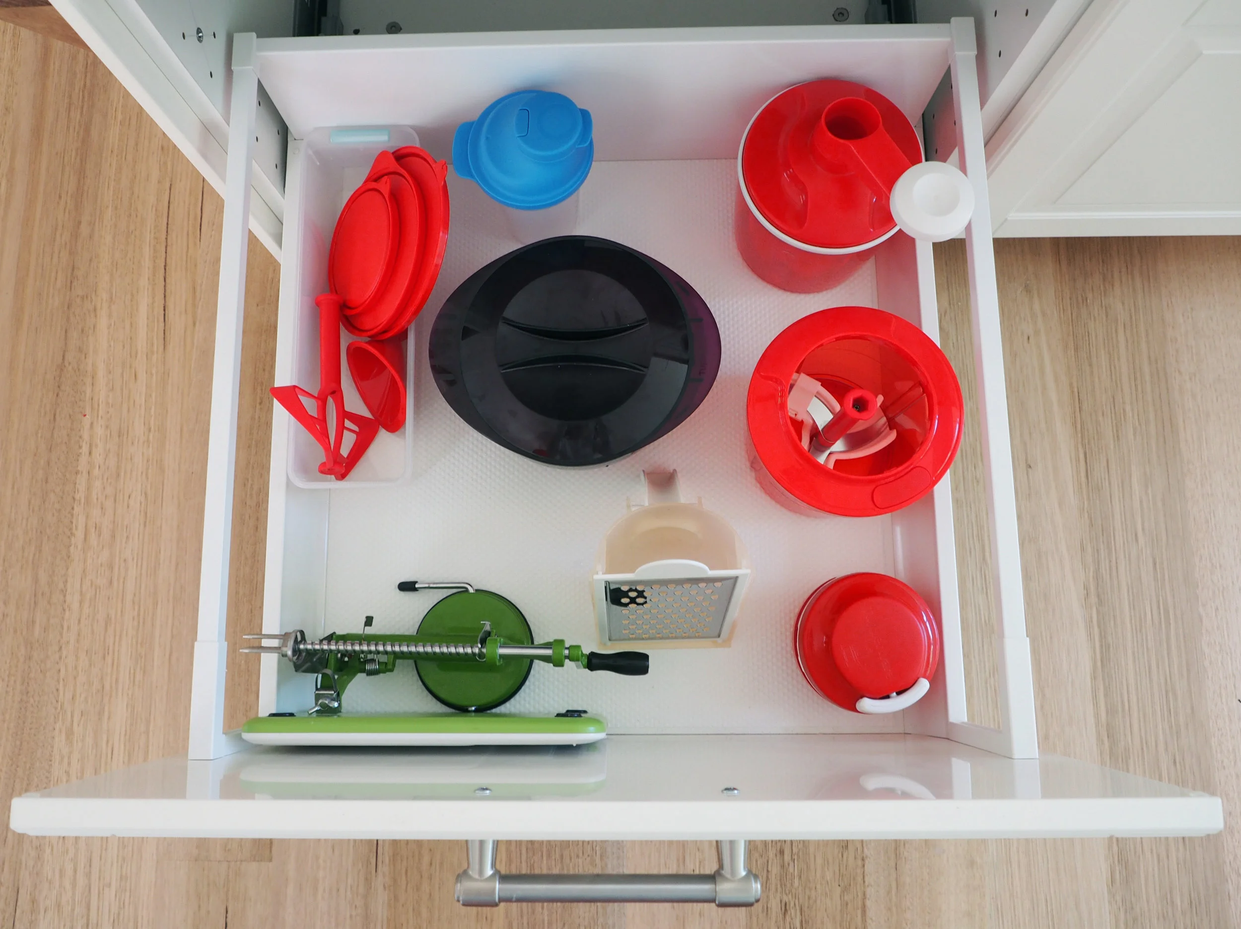 Organise extra attachments and loose pieces by using plastic baskets or tubs
