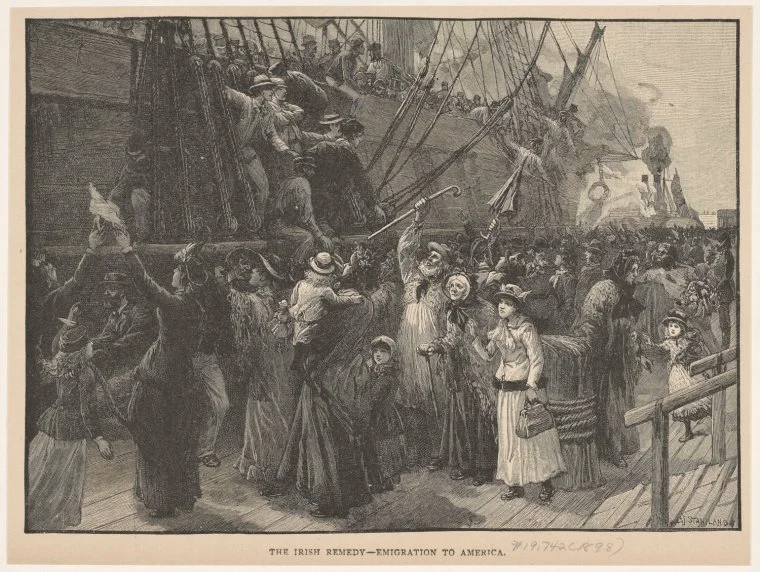 Art and Picture Collection, The New York Public Library. "The Irish Remedy -- Emigration To America." The New York Public Library Digital Collections . 1898. http://digitalcollections.nypl.org/items/510d47e1-37da-a3d9-e040-e00a18064a99