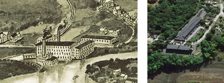 The Oak St. complex, in drawn aerial view from 1914, with the power plant down on the riverbank below the Oak St. buildings, and current aerial photo.
