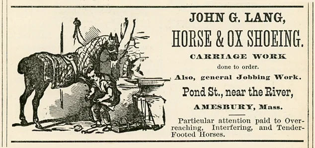 John Lang promoted his Pond Street horse and ox shoeing business in this 1875 directory advertisement. Note the detail in the artwork. Even then, advertisers knew that pictures attract attention.