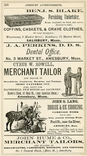 Advertisements in Amesbury's 1875 city directory. Undertakers, dentists, tailors and horse shoers of the day used the directory to reach potential customers.
