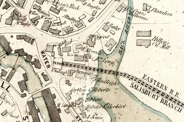 1854 Clark map shows the original passenger station (labeled “DEPOT”) on Water Street at the west end of the tracks.