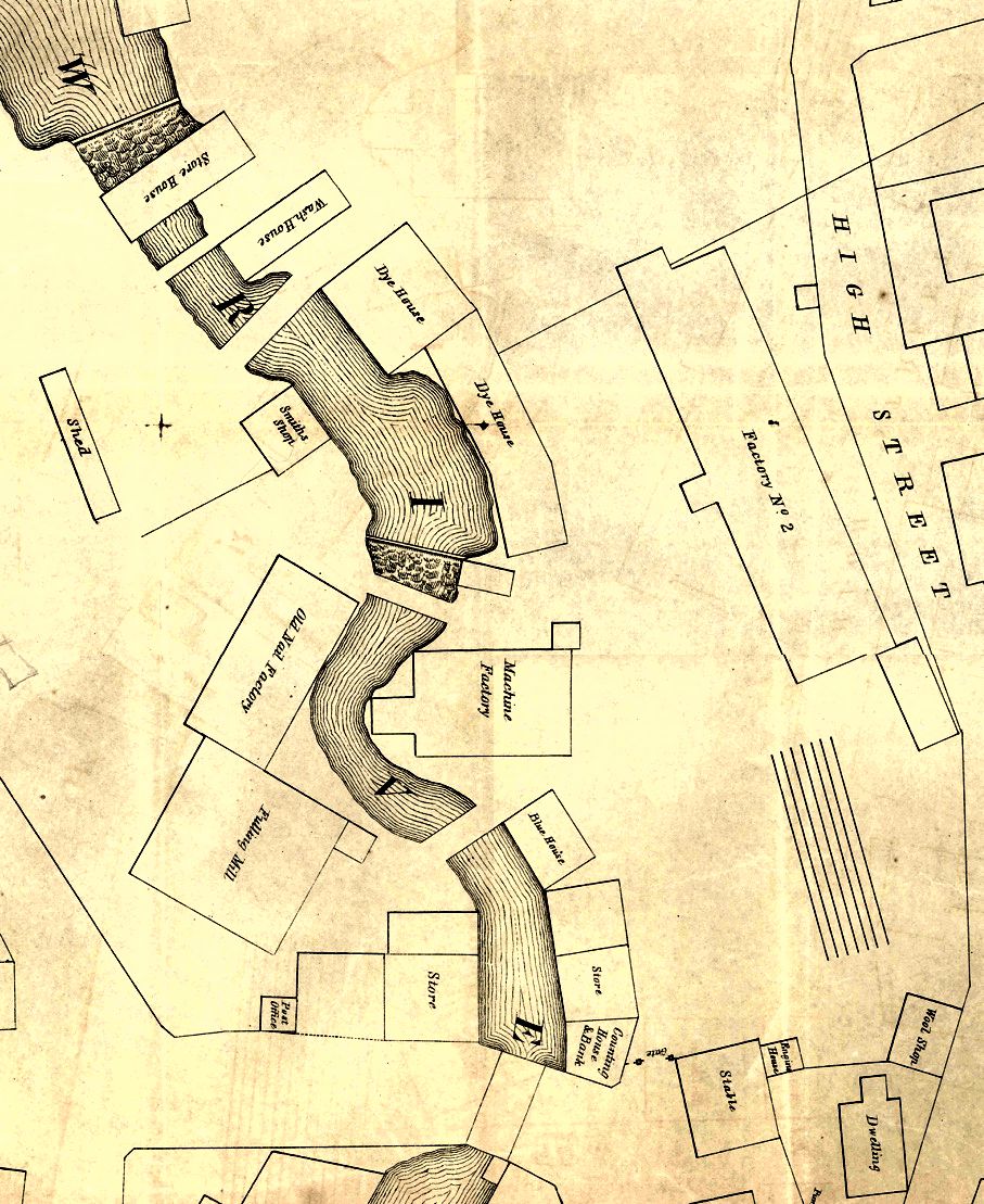 Detail of 1849 shows the “Old Nail Factory,” Factory No. 2 and other structures that were in the upper millyard. Main Street and Market Square are at the bottom of the map. (Private collection)