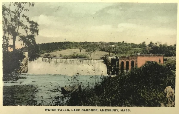 Postcard view of the Lake Gardner dam and powerhouse, ca. 1920. (Courtesy Amesbury Public Library.)