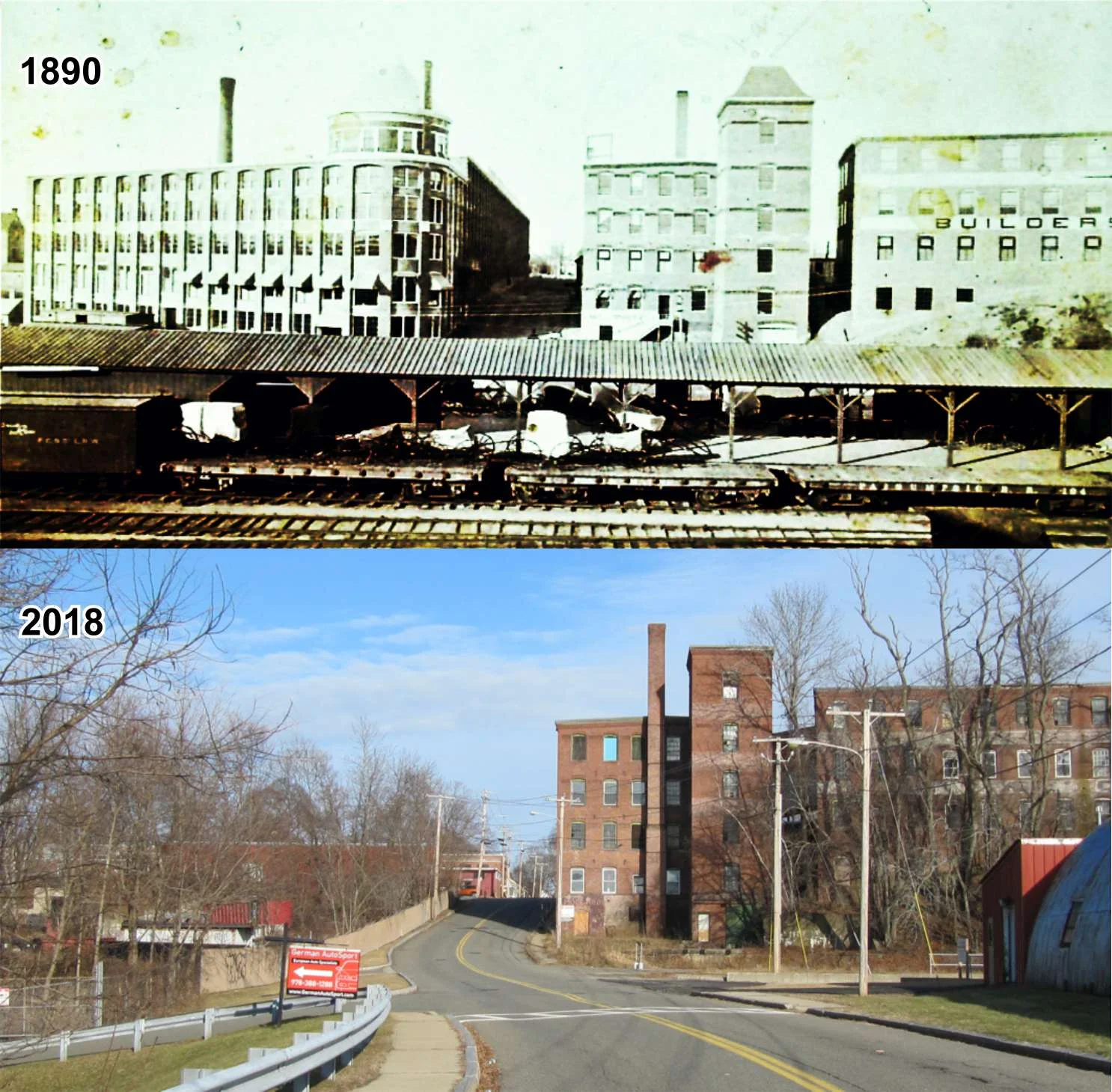 Babcock’s factory building (top left, on the west side of Chestnut St.) once towered over the area now called the Lower Millyard. It opened for business in 1889 and survived until 1942 when it was demolished after falling into disrepair.