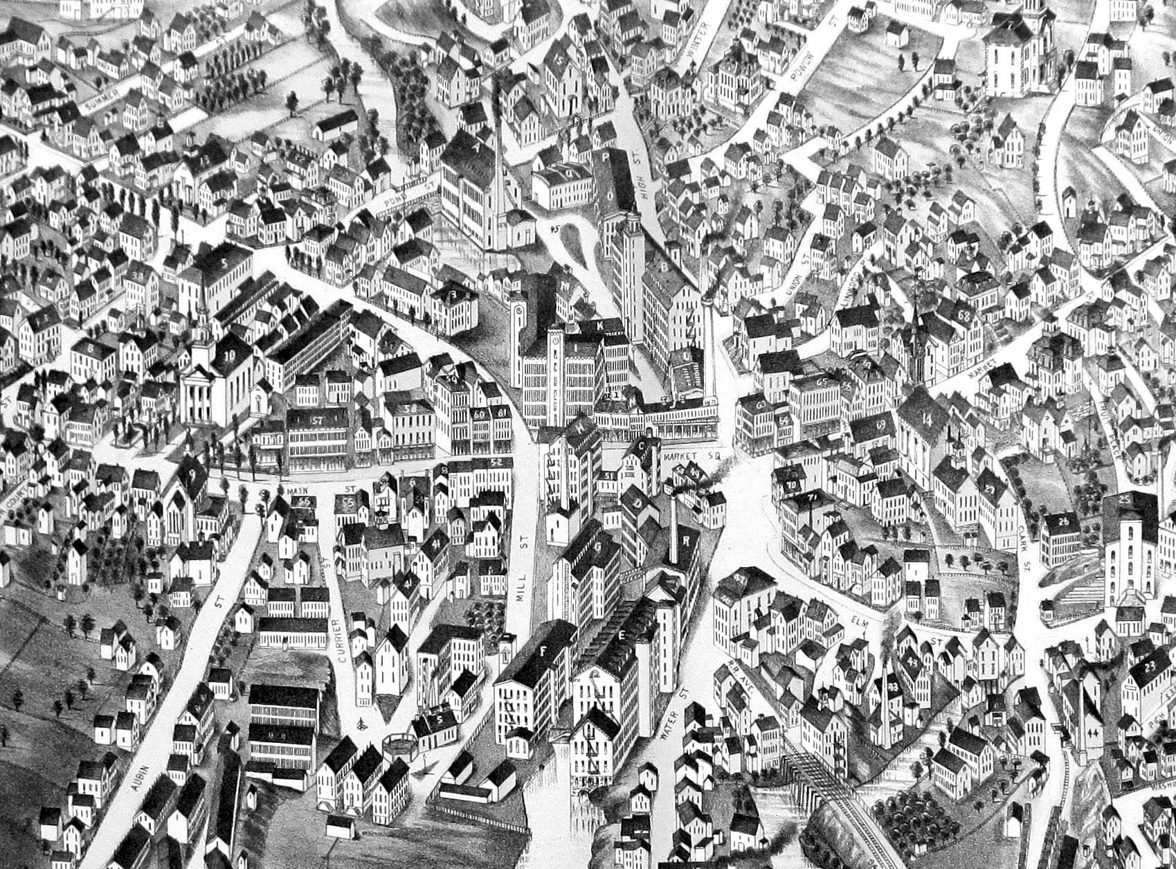 This is a detail of a map published in 1880 showing the Amesbury millyard and surrounding town. This version of the map is in the collections of the Library of Congress in Washington, D.C.