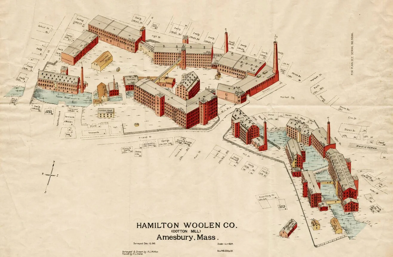 This 1910 view of the Hamilton Woolen Company shows the Amesbury millyard at the peak of development. This is called an isometric view and was published by the Associated Mutual Insurance Company of Boston. This map is in a private collection in Amesbury.