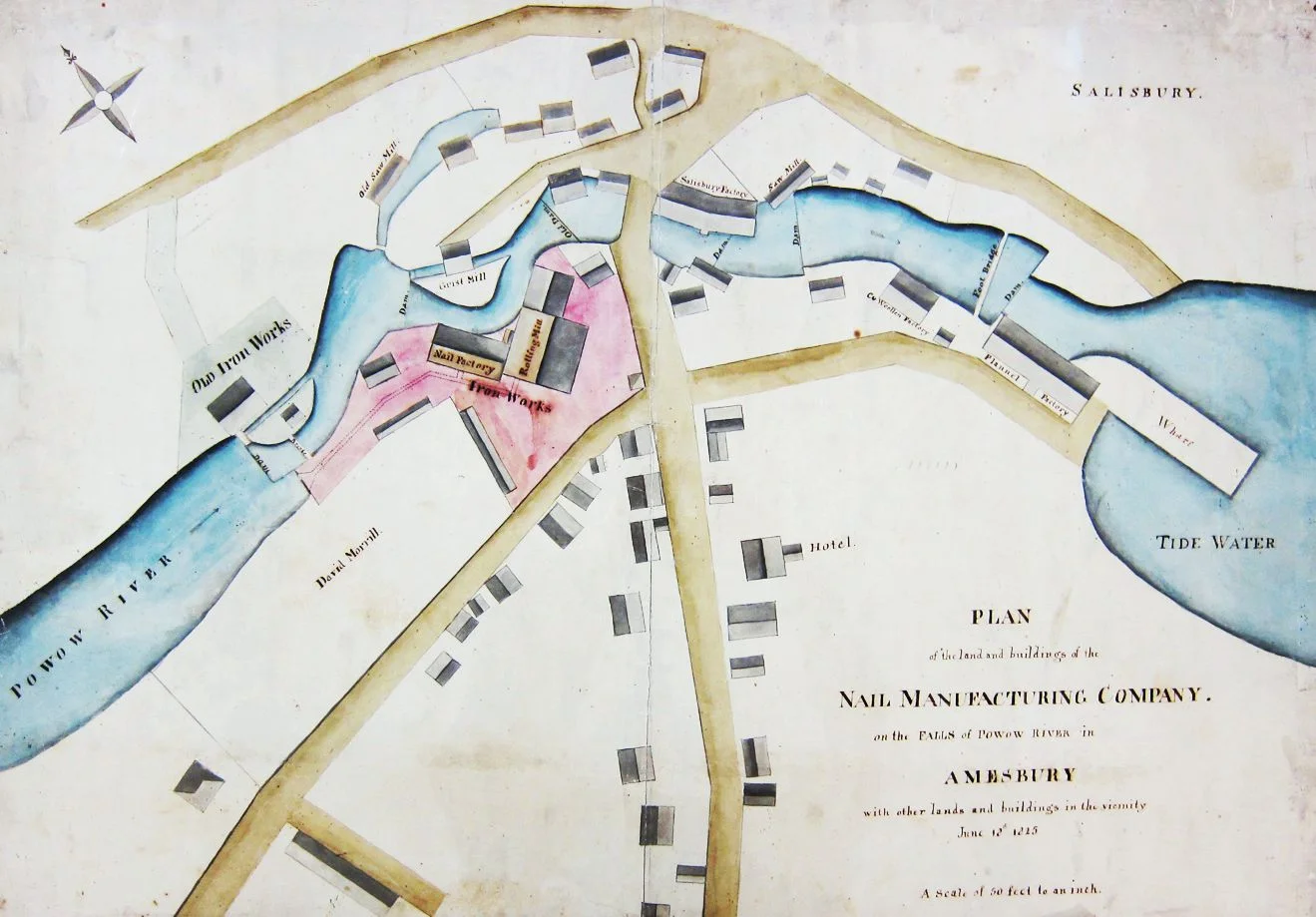 This is a plan view made in 1825 that shows the Powow River flowing through the area that became the Amesbury millyard. This map documents many incredible elements of Amesbury’s industrial past and was made around the time the Salisbury Manufacturing Company established their operations. Close examination shows six dams used for various water-powered mills, the location of the Jacob Perkins nail works (now partially occupied by the Newburyport Five Cents Savings Bank), and many small mills. The upper dam and a portion of the Counting House are the only features still standing today. This map is in the collections of the Peabody Essex Museum.