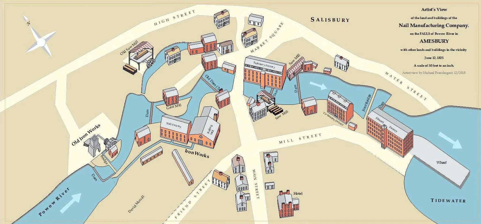 An artist’s view of the millyard as it might have appeared in 1825. Volunteer Mike Prendergast created this map for the Amesbury Industrial Survey project.